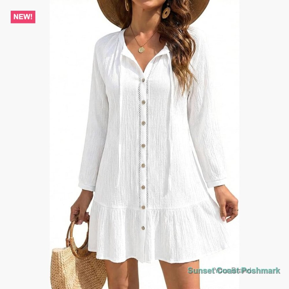 Ruffle Beach Coverup Dress Rayon Button Down with Pockets